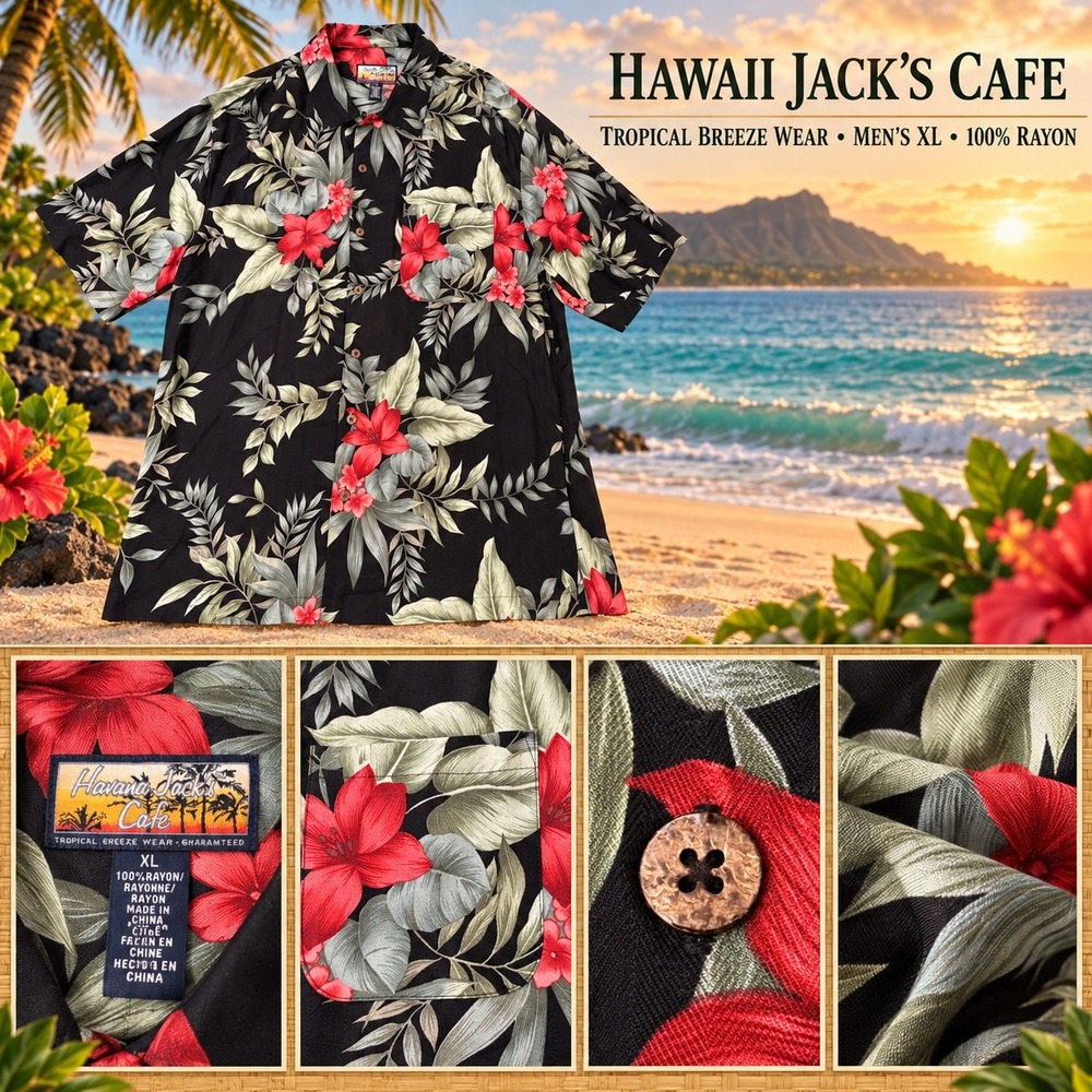 Havana Jack's Cafe Mens XL Black Floral Lily Tropical Rayon Button Up Shirt